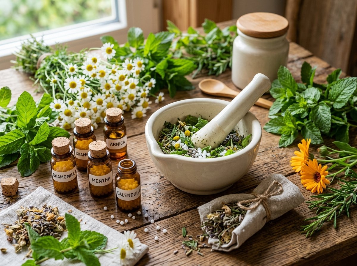 Natural medicinal herbs, mortar and homeopathic remedy pills